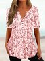 Women Casual Floral V Neck Button Summer Short sleeve Tunic