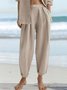 Women Casual Loose Elastic Waist Pockets Khaki Cotton And Linen Pants