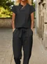 Casual Plain Short Sleeve Buckle Asymmetrical Collar Lace-up Top With Pockets Pants Two-Piece Set