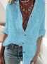 Women Elegant Floral Lace Plain Buttoned Down Cotton Linen Long Sleeve Blouse