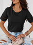 Women Elegant Plain Hollow Out Lace Short Sleeve Summer T-shirt