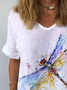 Women Casual Loose V Neck Dragonfly Short Sleeve Summer T-shirt