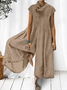 Women Plain Half Open Collar Button Cotton Linen Jumpsuit