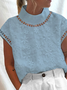 Women Elegant Hollow Out Floral Lace Turtleneck Short Sleeve White Linen Top