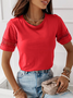 Women Elegant Plain Hollow Out Lace Short Sleeve Summer T-shirt