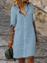 Women Casual Loose Half Sleeve Button Down Shirt Collar Plain Cotton and Linen Shirt Dress