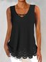 Women Casual Plain V Neck Hollow Out Hem Loose Sleeveless Tank Top