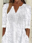 Women Elegant Plain V Neck Button Pockets Lace Floral Loose Cotton And Linen Dress