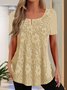 Women Casual Plain Lace Square Neck Button Short Sleeve Tunic Top