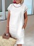 Women Hollow Out Half Turtleneck Pockets Short Sleeve Cotton And Linen Plain Vacation Dress