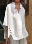 Women Casual V Neck Button Half Sleeve Cotton Linen Loose Tunic Top