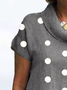 Women Casual Polka Dots Cowl Neck Short Sleeve Loose Cotton and Linen Dress