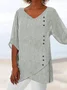 Women Loose V Neck Button Asymmetric Hem Solid 3/4 Sleeve Tunic Top