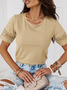 Women Elegant Plain Hollow Out Lace Short Sleeve Summer T-shirt