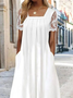 Women Elegant Square Neck Hollow Out Hem Mesh Floral Lace Short Sleeve Pockets Dress