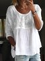 Women Elegant Lace Embroidery Patchwork Loose Three Quarter Sleeve Tunic Top