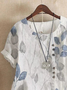 Women Casual Floral Button Crew Neck Cotton And Linen Loose Short Sleeve Blouse