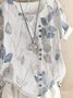 Women Casual Floral Button Crew Neck Cotton And Linen Loose Short Sleeve Blouse