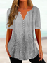 Women Casual Ethnic Loose V Neck Button Short Sleeve Tunic Top