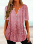 Women Casual Ethnic Loose V Neck Button Short Sleeve Tunic Top
