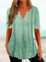 Women Casual Ethnic Loose V Neck Button Short Sleeve Tunic Top