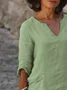 Women Green V Neck Hollow Out Loose Cotton and Linen Dress