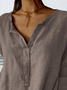 Women Loose V Neck Plain Three Quarter Sleeve Cotton And Linen Blouse