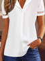 Women Plain V Neck Hollow Out Lace Short Sleeve Tunic Top