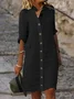 Women Casual Loose Three Quarter Sleeve Button Down Shirt Collar Plain Cotton and Linen Shirt Dress