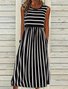 Women Casual Striped Sleeveless Crew Neck Pockets Summer Midi Tank Dress