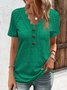Women Casual V Neck Button Hollow Out Lace Plain Summer Short Sleeve T-Shirt