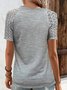 Women Casual V Neck Button Hollow Out Lace Plain Summer Short Sleeve T-Shirt