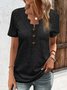 Women Casual V Neck Button Hollow Out Lace Plain Summer Short Sleeve T-Shirt
