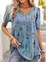 Women Casual Floral V Neck Loose Short Sleeve Tunic Top