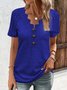 Women Casual V Neck Button Hollow Out Lace Plain Summer Short Sleeve T-Shirt