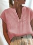 Women Plain Summer Loose V Neck Bow Short Sleeve Cotton And Linen Top