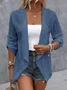 Women Waterfall Collar Roll Tab Sleeve Casual Plain Hollow Out Open Front Cardigan