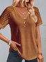 Women Elegant V Neck Button Hollow Out Lace Plain Short Sleeve Tunic Top