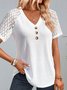 Women Elegant V Neck Button Hollow Out Lace Plain Short Sleeve Tunic Top