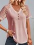 Women Elegant V Neck Button Hollow Out Lace Plain Short Sleeve Tunic Top