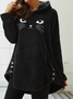 Women Long Sleeve Scratching Cute Cat Embroidered Hoodie Plush With Button Pockets
