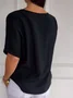 Women's Plain Buckle Cotton And Linen Crew Neck Casual Top