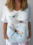 Women's Short Sleeve Blouse Summer As Picture Dragonfly Cotton Crew Neck Daily Going Out Casual Top