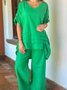 Casual Plain V Neck Two-Piece Set