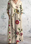 V Neck Cotton Floral Casual Dress With No
