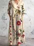 V Neck Cotton Floral Casual Dress With No