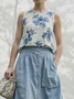 Linen Casual Floral Crew Neck linen-cotton Tank Top