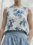 Linen Casual Floral Crew Neck linen-cotton Tank Top