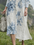 Casual Floral Stand Collar linen-cotton Midi Dress