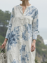 Casual Floral Stand Collar linen-cotton Midi Dress